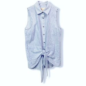 Michael Kors top, blue & white striped, seersucker vibe, sleeveless, tie front